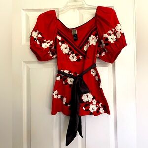 Anthropologie Red Floral Embroidered Peplum Blouse with Tie